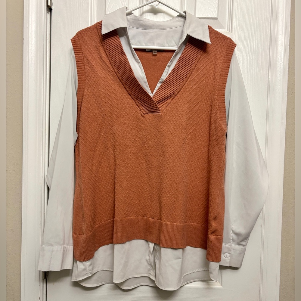 Vila Milano Layered Sweater Vest Blouse Rust Brown White Size L